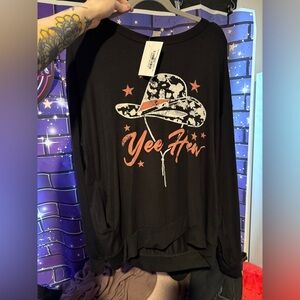 NWT Black 'Yee Haw' Graphic Long sleeve Top with hidden pockets- side M